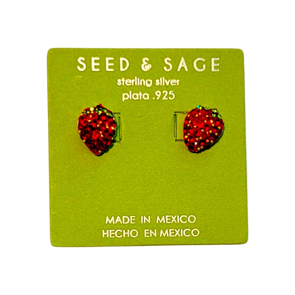 SEED & SAGE DEEP RED STRAWBERRY STUD POST EARRINGS .925 STERLING SILVER